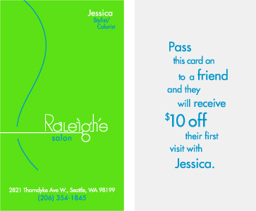 Raleighâ€™s Salon business card (front | back)